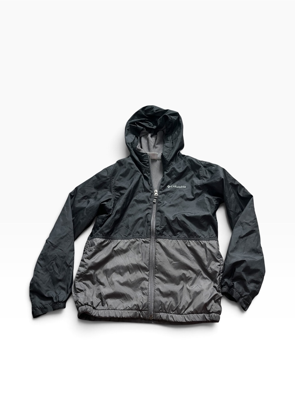 Columbia Kids Black Gray Hooded Rain Jacket Fleece Lined Size Medium 10/12